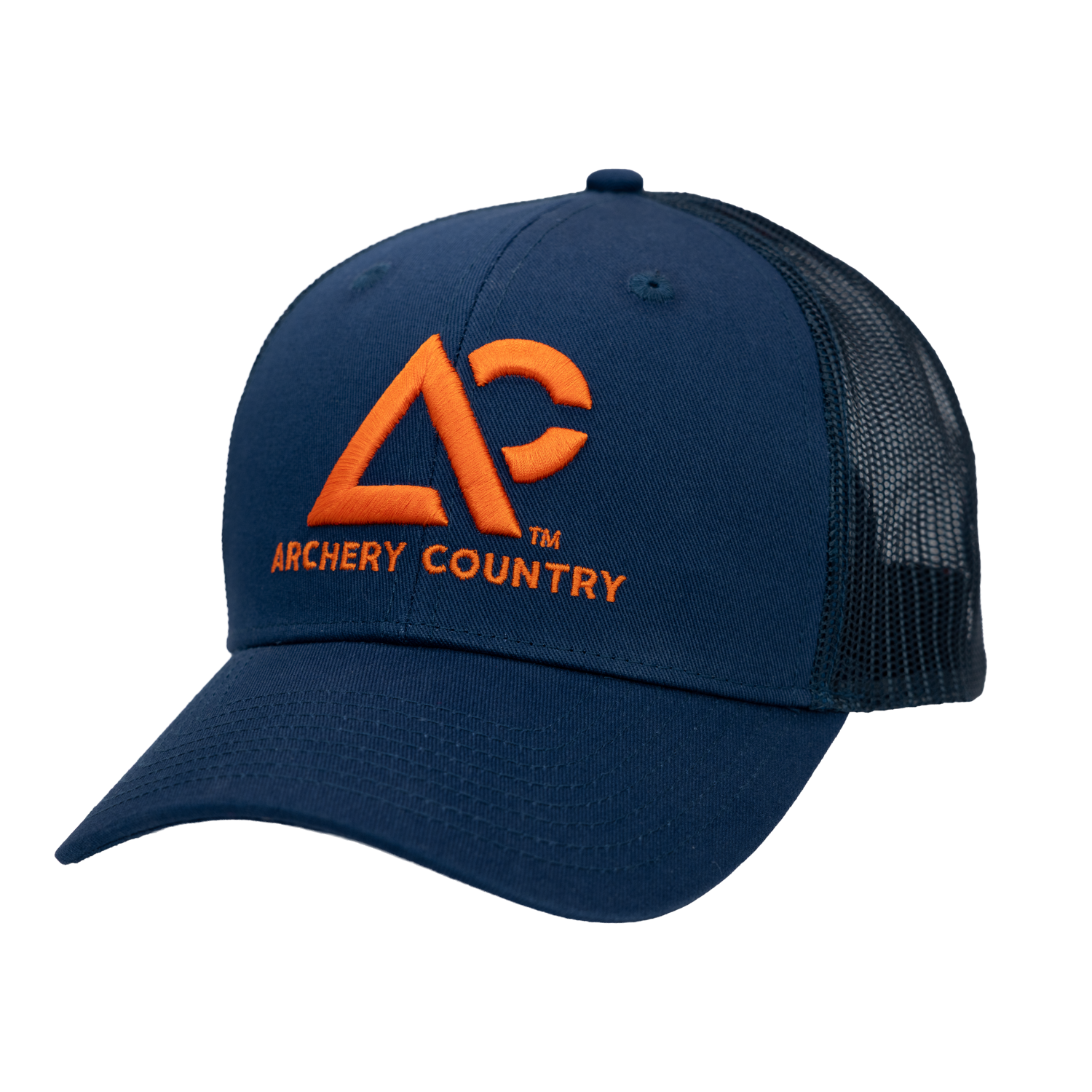 Navy meshback cap with "ARCHERY COUNTRY" logo on front in orange