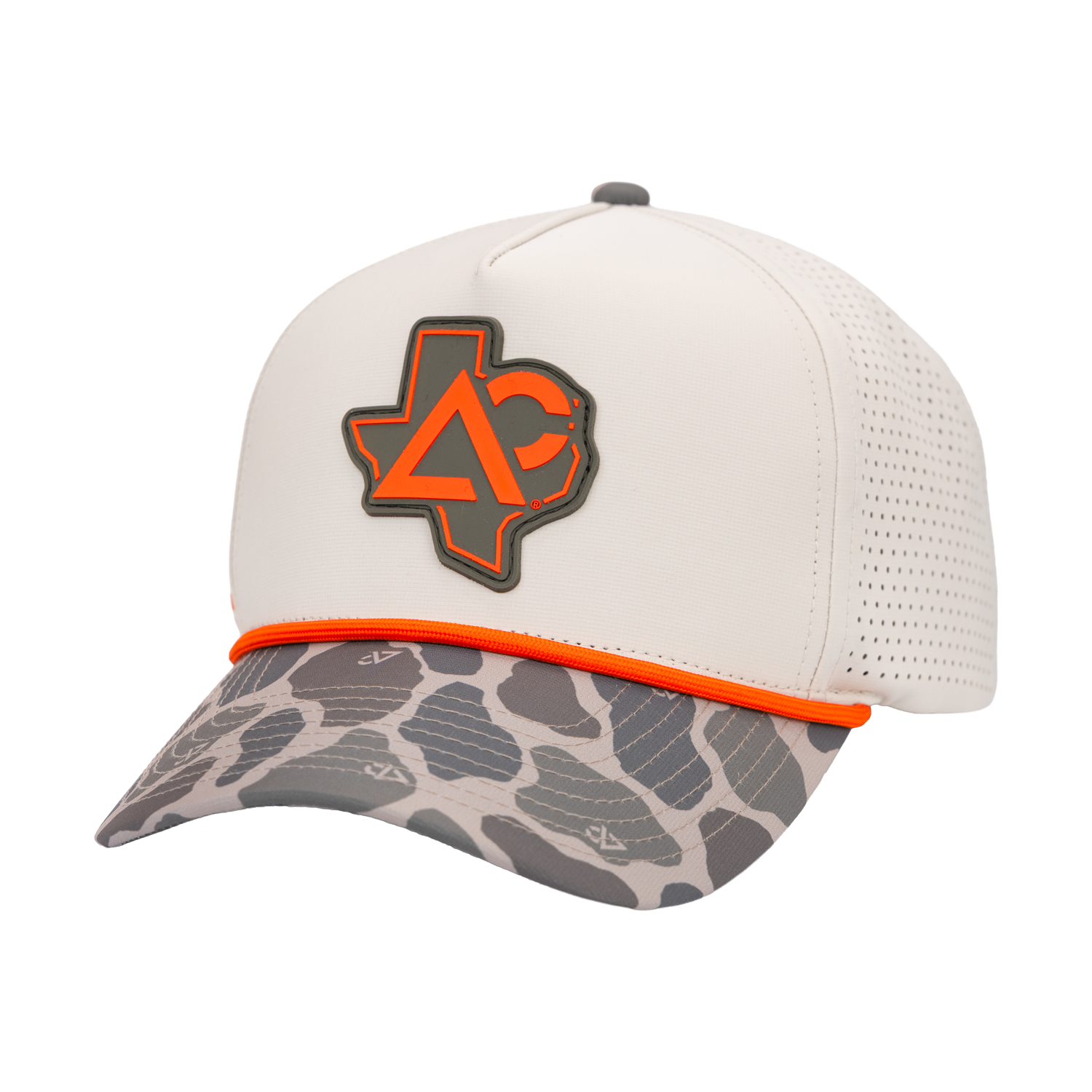 Natural hat with duck camo bill with Texas Archery Country patch on front