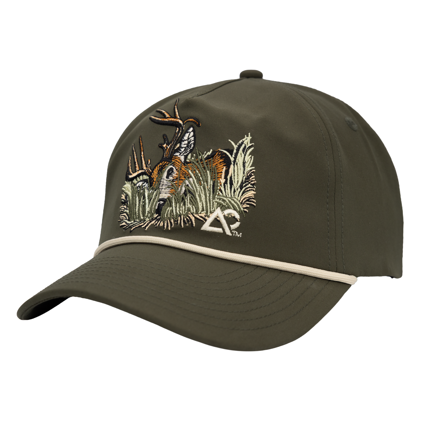 Faded olive hat with deer on front in foliage, with white Archery Country logo