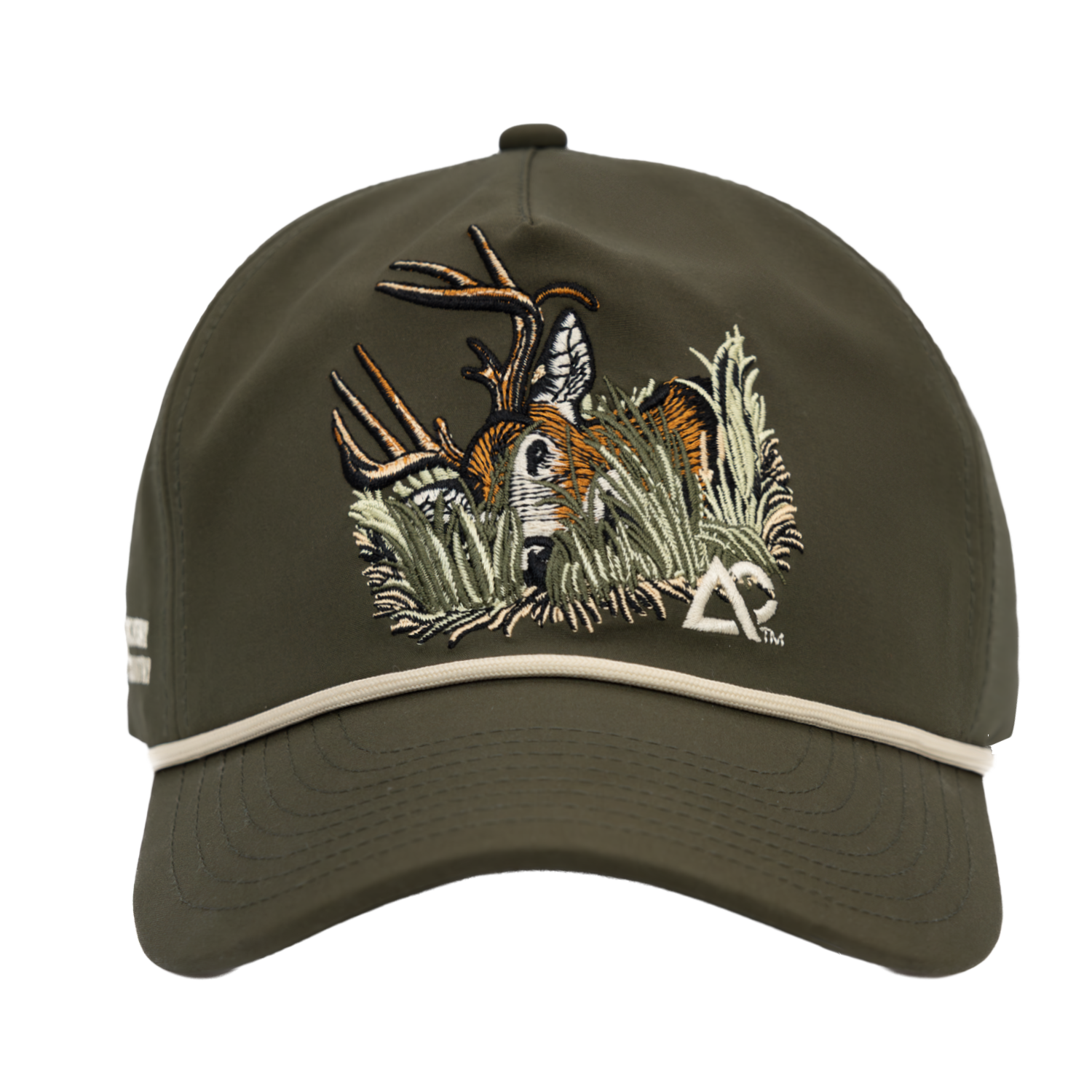 Faded olive hat with deer on front in foliage, with white Archery Country logo