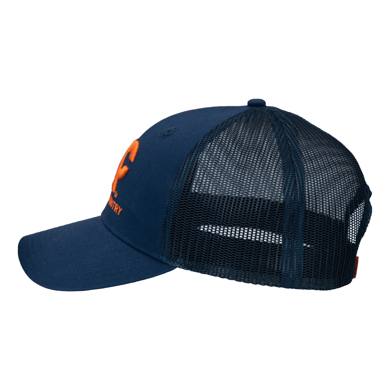 Side view of navy meshback cap with "ARCHERY COUNTRY" logo on front in orange