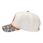 side view of Natural hat with duck camo bill with Texas Archery Country patch on front