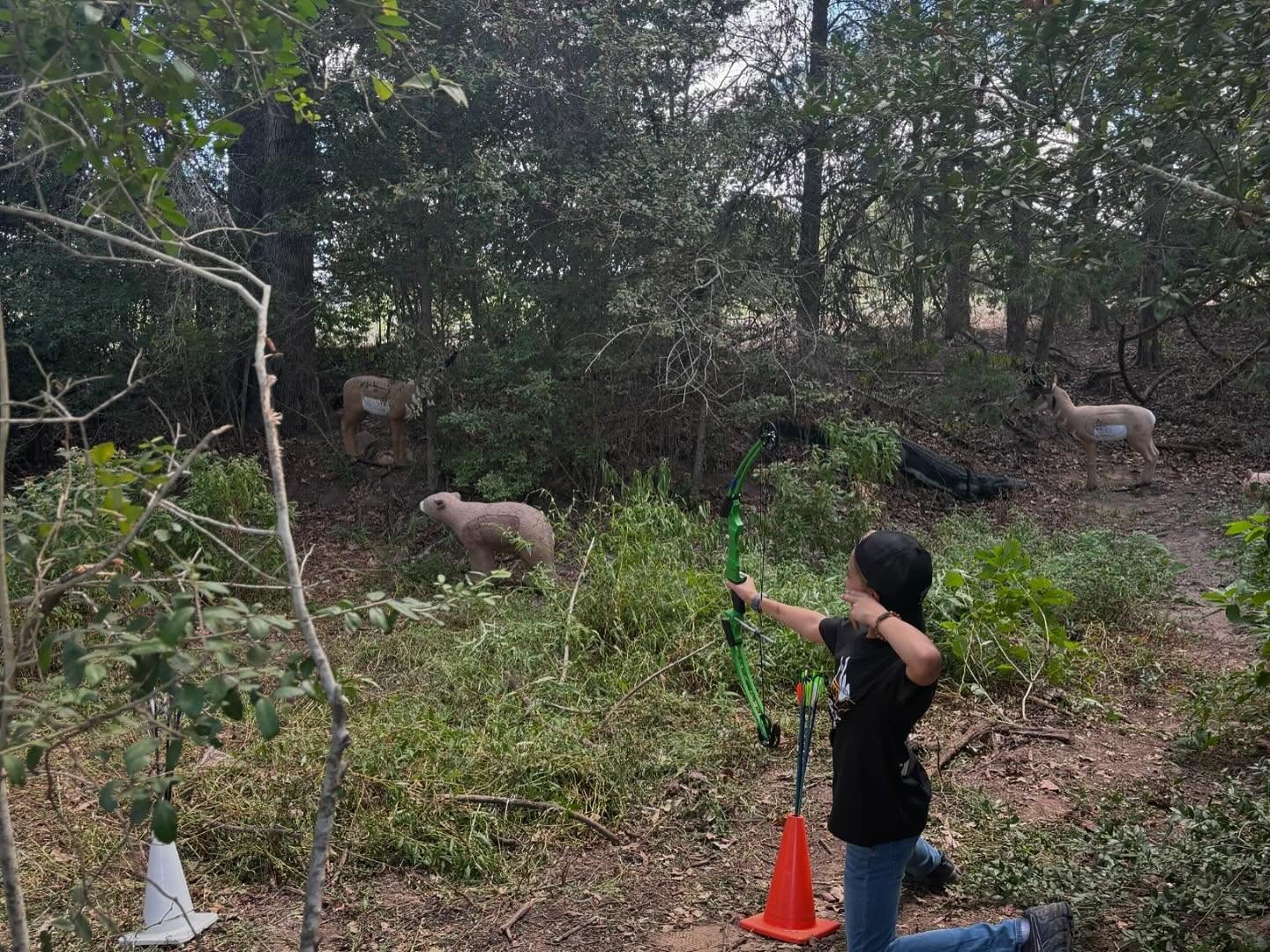 Person with a bow and arrow in a wooded area with animals in the background