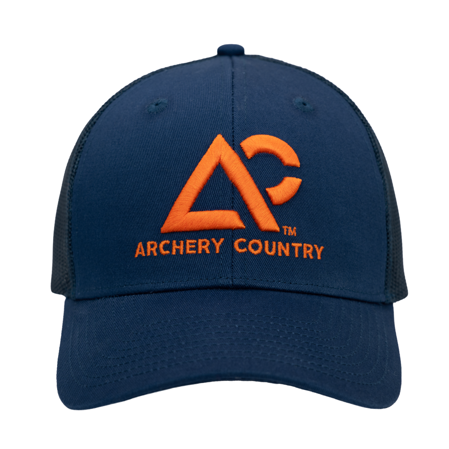 Navy meshback cap with "ARCHERY COUNTRY" logo on front in orange
