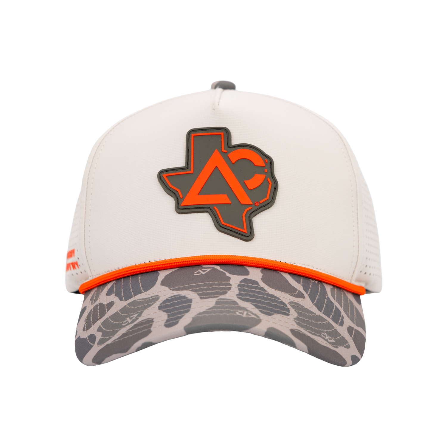 Natural hat with duck camo bill with Texas Archery Country patch on front