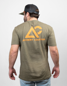 Rear view of man wearing military green tee with "Archery Country" logo on back