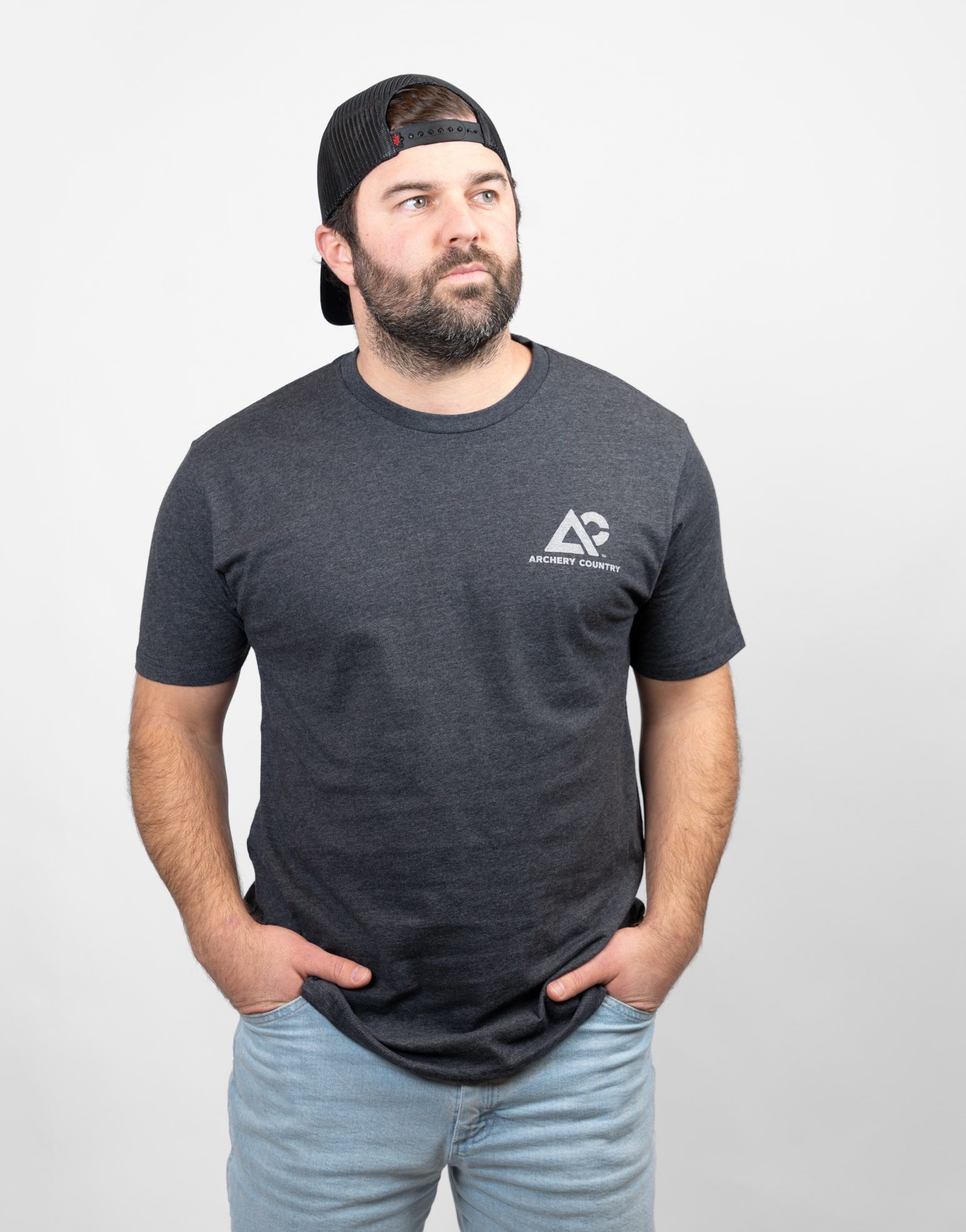front view of charcoal tee with white Archery Country logo on left chest