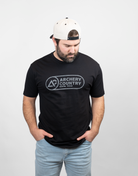 Man wearing a black t-shirt with 'Archery Country' logo on a white background