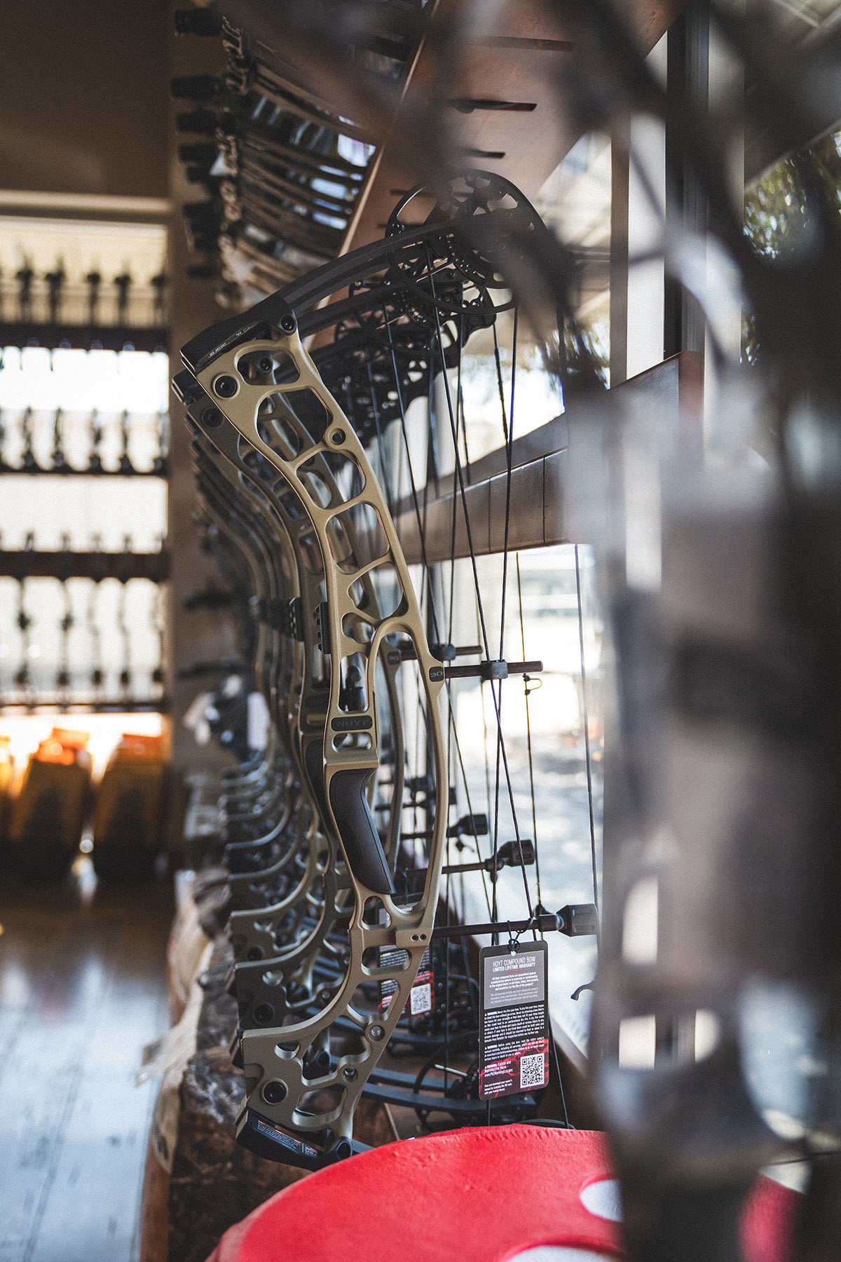 Close-up of a compound bow with a blurred background